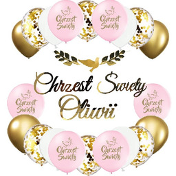 Balony różowe na Chrzciny CHRZEST baner IMIĘ