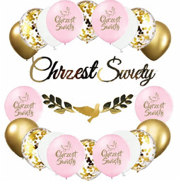 Balony różowe zestaw na Chrzciny CHRZEST baner