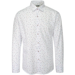 Koszula Biała w Granatowo-Czerwone Gwiazdki, Taliowana, Długi Rękaw,