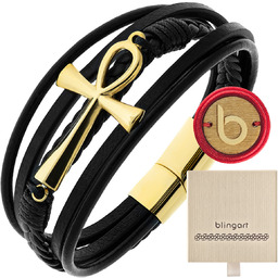 Bransoletka męska SKÓRZANA pleciona KRZYŻ EGIPSKI