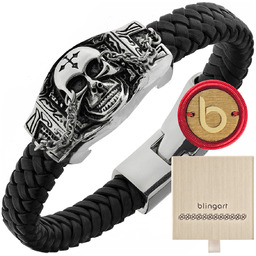 Bransoletka męska skórzana czarna z czaszką