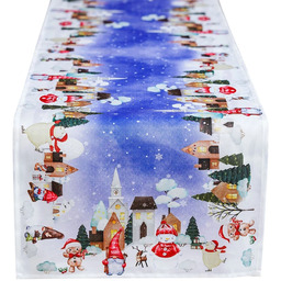 Bieżnik bożonarodzeniowy prostokątny biało-niebieski w bałwanki i skrzaty