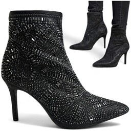 Botki damskie skarpetkowe Barski szpilki eleganckie elastyczne cyrkonie