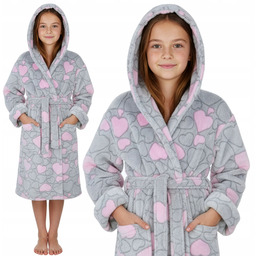 Szlafrok z kapturem dziecięcy ciepły milutki 152/158 Serduszka