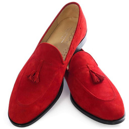 Czerwone wsuwane buty męskie - nubukowe mokasyny loafersy