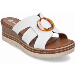 Skórzane klapki damskie na koturnie białe Rieker Remonte