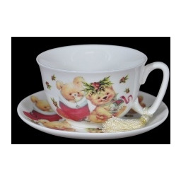 FILIŻANKA PORCELANOWA ZE SPODKIEM ŚWIĄTECZNA Gwiazdkowe Misie -