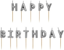 Świeczki pikery napis Happy Birthday - srebrny