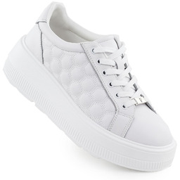 Skórzane półbuty damskie pikowane sneakersy na platformie białe