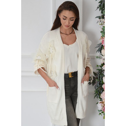 Sweter kardigan w szyfonowe kwiaty krem Podsy