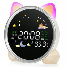 Budzik Wielofunkcyjny z uszkami kotka, tryb Słońce/Księżyc, Dźwięki