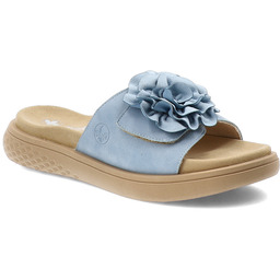 Rieker Niebieskie Klapki Wygodne Obuwie Damskie Z Kwiatem