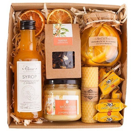 KOSZ PREZENTOWY BOX PREZENT pomarańczowy syrop napar miód