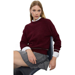 TRENDYOL BORDOWY SWETER DAMSKI Z FAKTURĄ I OZDOBNYM