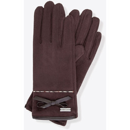 Damskie rękawiczki z kokardą i delikatnym przeszyciem brązowe