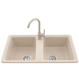 Zlewozmywak granitowy 2-komorowy LEMON z baterią piasek