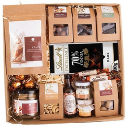KOSZ PREZENTOWY BOX PREZENT czekoladowo-kawowy kawa herbata syrop