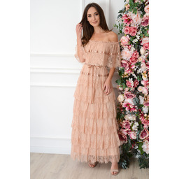 Sukienka maxi hiszpanka z koronkowych falban brudny róż