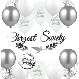 BALONY srebrne CHRZCINY dekoracje CHRZEST + TOPPER