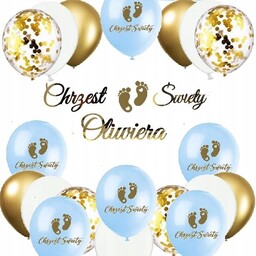 Balony STÓPKI Chrzciny baner CHRZEST + IMIĘ nieb.