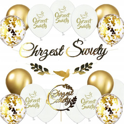 BALONY złote CHRZCINY dekoracje CHRZEST + TOPPER