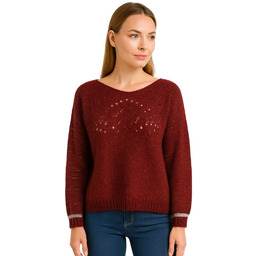 Sweter Damski Ażurowy z Metalicznym Blaskiem Włoski Bordowy