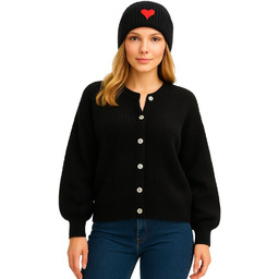 Sweter Damski Kardigan z Bufiastymi Rękawami Włoski Czarny