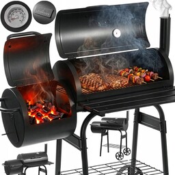 Grill Węglowy Ogrodowy Beczka Z Wędzarnią Termometr Duży