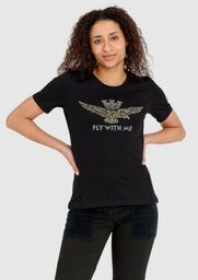 AERONAUTICA MILITARE Czarny t-shirt damski z orłem wykonanym