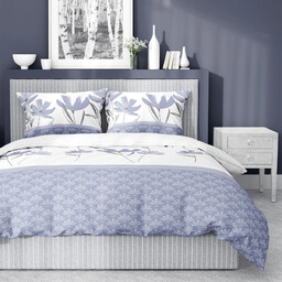 Pościel z satyny bawełnianej biała w fioletowe kwiaty