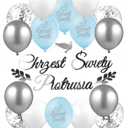 Balony srebrne CHRZCINY dekoracje CHRZEST + IMIĘ