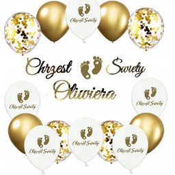 Balony STÓPKI na Chrzciny baner CHRZEST + IMIĘ