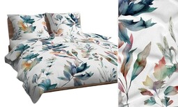 Karo Pościel bawełniana 160x200 biała turkusowa pomarańczowa liście