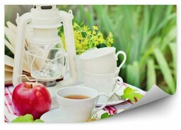 Filiżanka kubek herbata piknik ogród jabłko książka Fototapeta
