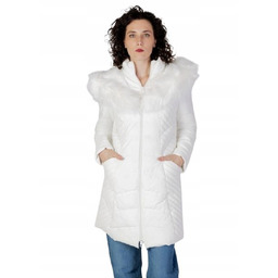 Guess Biała Kurtka z Pikowaniem i Futrzanym Kołnierzem
