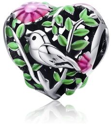 Rodowany srebrny charms do pandora serce heart ptaszek