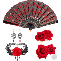 WACHLARZ MATERIAŁOWY AKCESORIA DO STROJU TANIEC RÓŻE KOLCZYKI