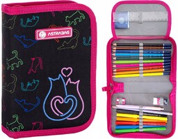 Piórnik z wyposażeniem jednokomorowy dla dziewczynki, ASTRABAG, kot,