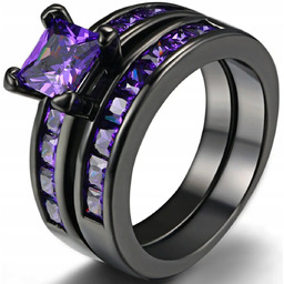 Pierścionek z Ametystem Cubic Czarny Podwójny Ametyst Stal