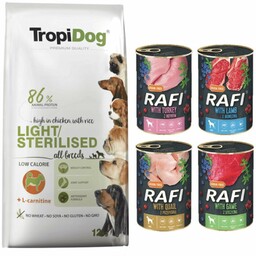 TROPIDOG Premium light/sterilised 12kg + Rafi puszka 4x400g