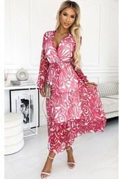 Długa sukienka z falbanami 476-1 Enrica, Kolor różowo-biały,