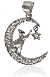 Elegancki rodowany srebrny wisiorek księżyc moon kot cat