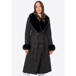 Dwurzędowy damski płaszcz z futrzanym kołnierzem czarny
