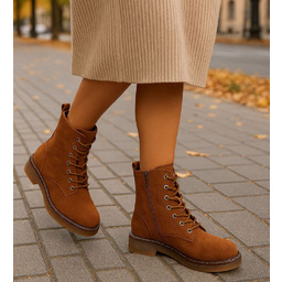 Karmelowe wiązane botki trapery zamszowe camel