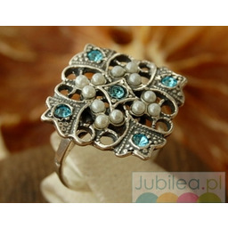 MALTA - srebrny pierścionek akwamaryn i perłami