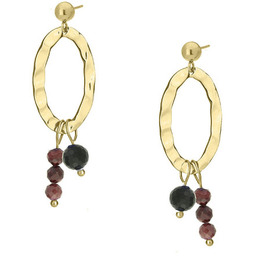 Bordowy granat i czarny turmalin młotkowane złote kolczyki