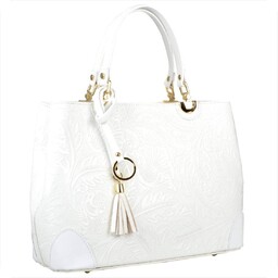 Skórzana torebka shopper biała tłoczone kwiaty