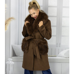 Elegancki damski płaszcz z ozdobnym futrem CRYSTAL-S