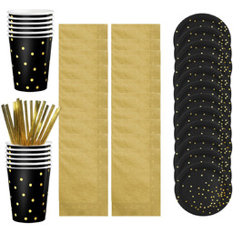 Kubeczki Talerzyki Czarny Złote Kropki Zestaw 64szt