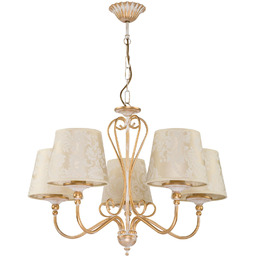 LAMPA WISZĄCA pięciopunktowa kremowe abażury złote wykończenie styl